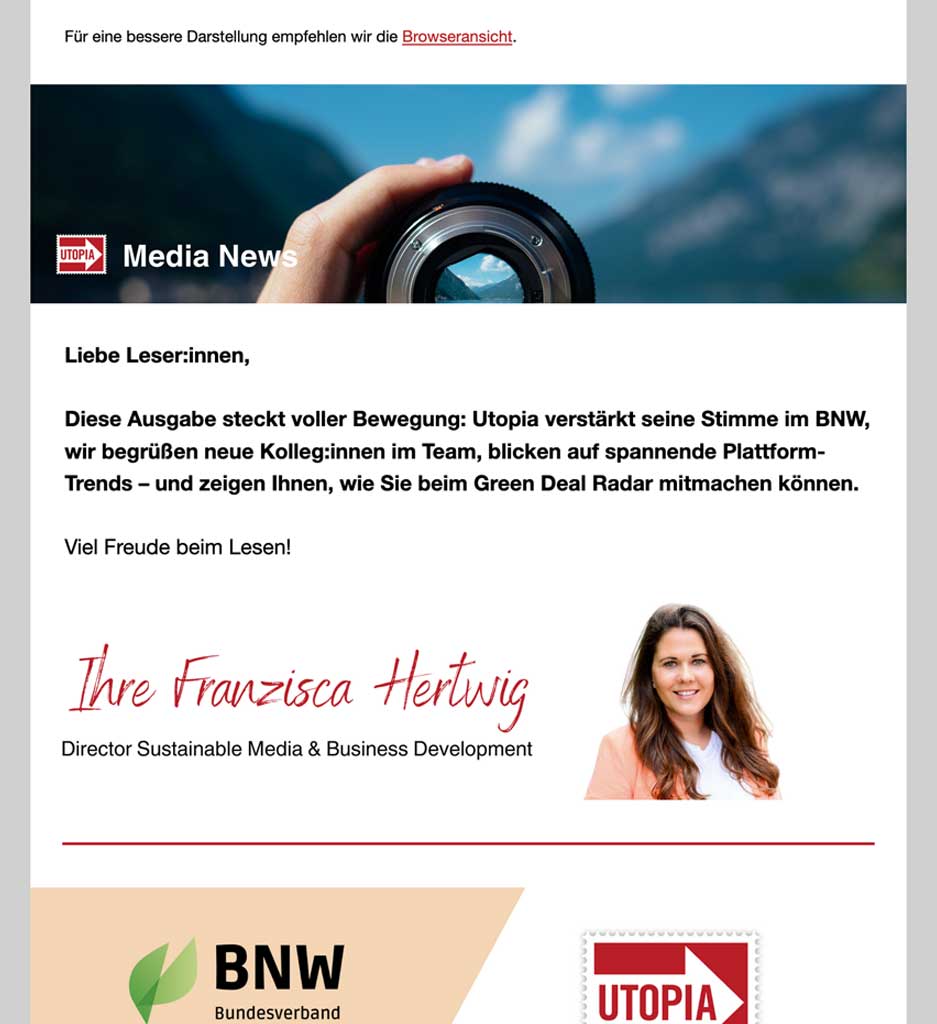 Die UTOPIA.de MEDIA NEWS - Für Werbende und alle, die Nachhaltigkeitskommunikation interessiert Die UTOPIA.de MEDIA NEWS - Für Werbende und alle, die Nachhaltigkeitskommunikation interessiert.