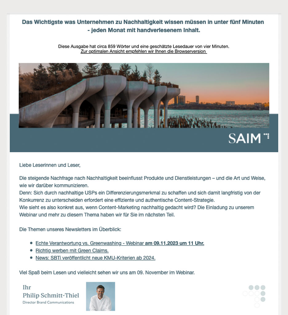 DER SAIM NEWSLETTER - für Unternehmen auf dem Weg zu mehr Nachhaltigkeit DER SAIM NEWSLETTER - für Unternehmen auf dem Weg zu mehr Nachhaltigkeit